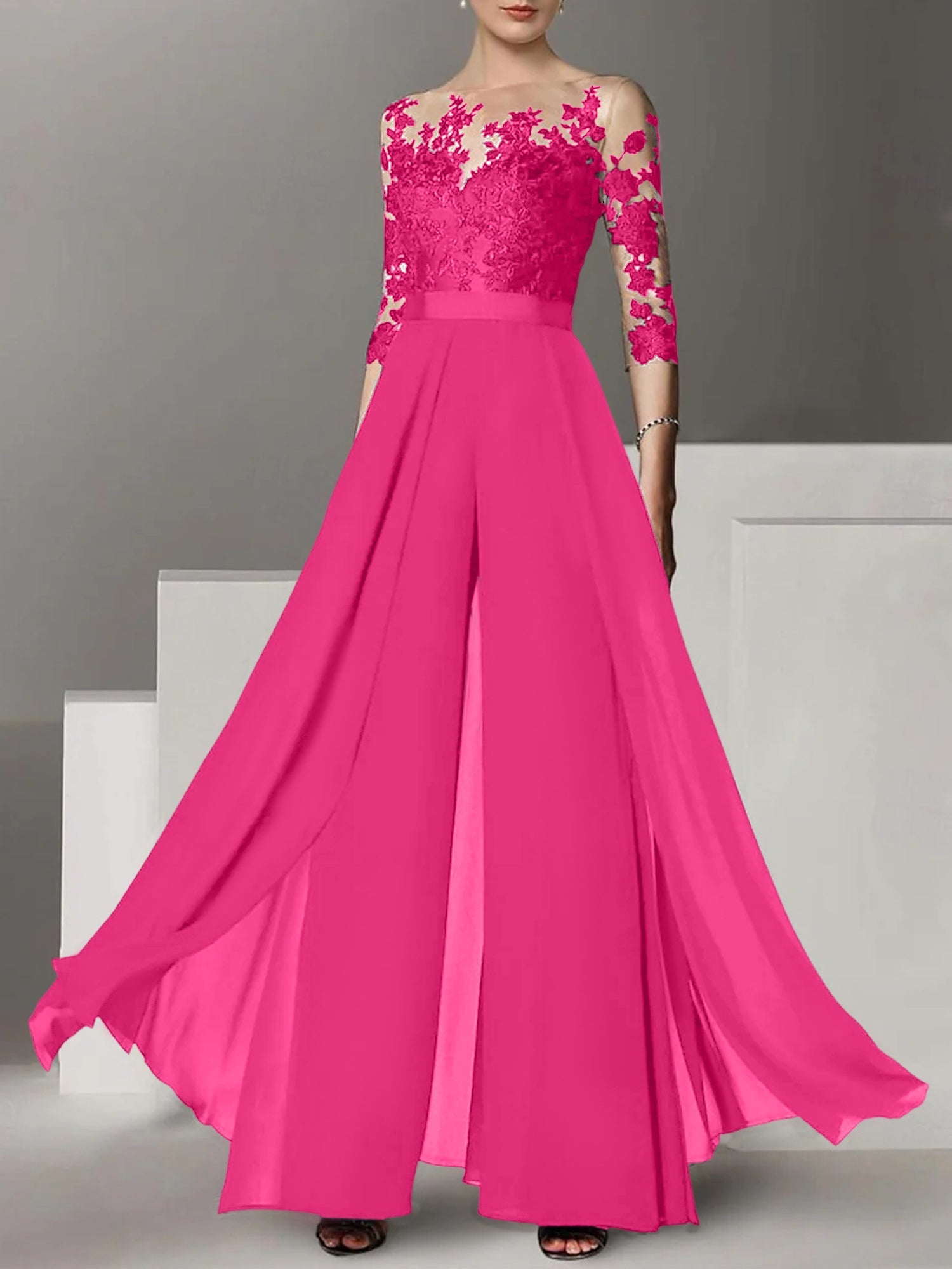 A Line Princess Jewel Neck 3 4 Length Sleeves Floor Length Mother Of The Bride Jumpsuits With Applique