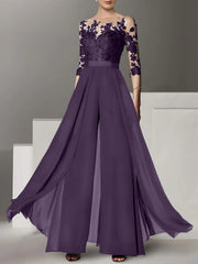 A-Line/Princess Jewel Neck 3/4 Length Sleeves Floor-Length Mother of the Bride Jumpsuits with Applique