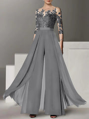 A-Line/Princess Jewel Neck 3/4 Length Sleeves Floor-Length Mother of the Bride Jumpsuits with Applique
