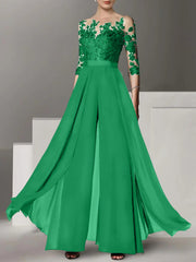 A Line Princess Jewel Neck 3 4 Length Sleeves Floor Length Mother Of The Bride Jumpsuits With Applique