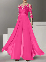 A Line Princess Jewel Neck 3 4 Length Sleeves Floor Length Mother Of The Bride Jumpsuits With Applique
