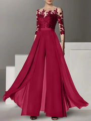 A Line Princess Jewel Neck 3 4 Length Sleeves Floor Length Mother Of The Bride Jumpsuits With Applique
