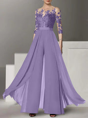 A Line Princess Jewel Neck 3 4 Length Sleeves Floor Length Mother Of The Bride Jumpsuits With Applique