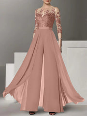 A Line Princess Jewel Neck 3 4 Length Sleeves Floor Length Mother Of The Bride Jumpsuits With Applique