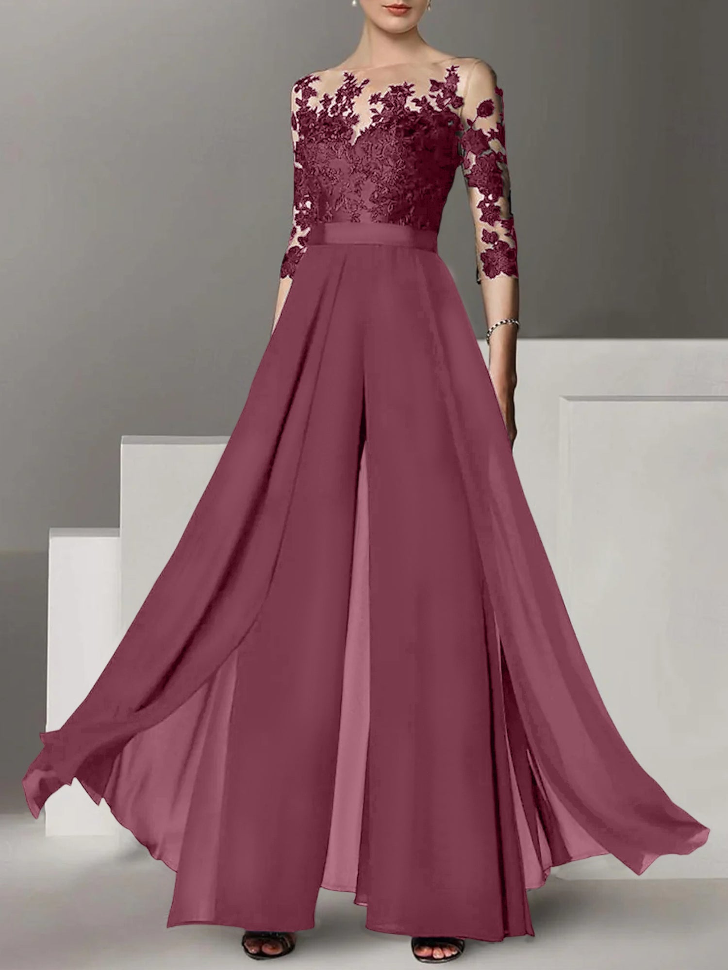A Line Princess Jewel Neck 3 4 Length Sleeves Floor Length Mother Of The Bride Jumpsuits With Applique