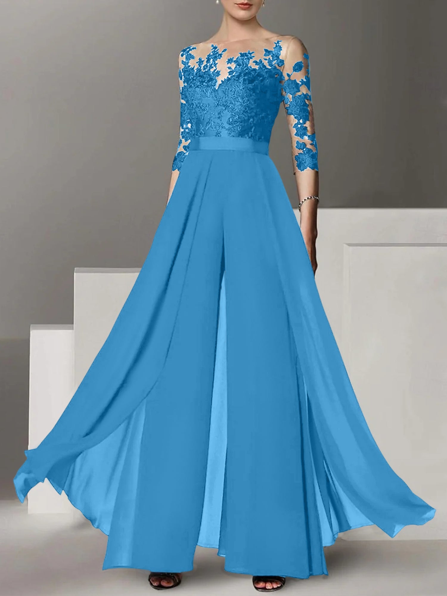 A Line Princess Jewel Neck 3 4 Length Sleeves Floor Length Mother Of The Bride Jumpsuits With Applique