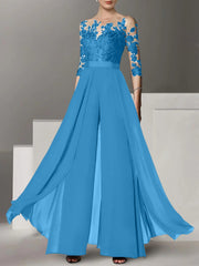 A Line Princess Jewel Neck 3 4 Length Sleeves Floor Length Mother Of The Bride Jumpsuits With Applique