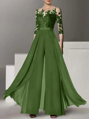 A Line Princess Jewel Neck 3 4 Length Sleeves Floor Length Mother Of The Bride Jumpsuits With Applique