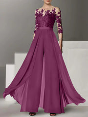A-Line/Princess Jewel Neck 3/4 Length Sleeves Floor-Length Mother of the Bride Jumpsuits with Applique