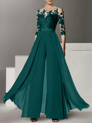 A Line Princess Jewel Neck 3 4 Length Sleeves Floor Length Mother Of The Bride Jumpsuits With Applique
