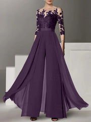 A-Line/Princess Jewel Neck 3/4 Length Sleeves Floor-Length Mother of the Bride Jumpsuits with Applique