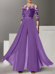 A-Line/Princess Jewel Neck 3/4 Length Sleeves Floor-Length Mother of the Bride Jumpsuits with Applique