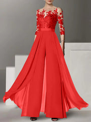 A Line Princess Jewel Neck 3 4 Length Sleeves Floor Length Mother Of The Bride Jumpsuits With Applique