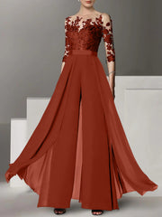 A-Line/Princess Jewel Neck 3/4 Length Sleeves Floor-Length Mother of the Bride Jumpsuits with Applique