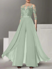 A-Line/Princess Jewel Neck 3/4 Length Sleeves Floor-Length Mother of the Bride Jumpsuits with Applique
