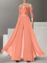 A-Line/Princess Jewel Neck 3/4 Length Sleeves Floor-Length Mother of the Bride Jumpsuits with Applique