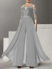 A-Line/Princess Jewel Neck 3/4 Length Sleeves Floor-Length Mother of the Bride Jumpsuits with Applique