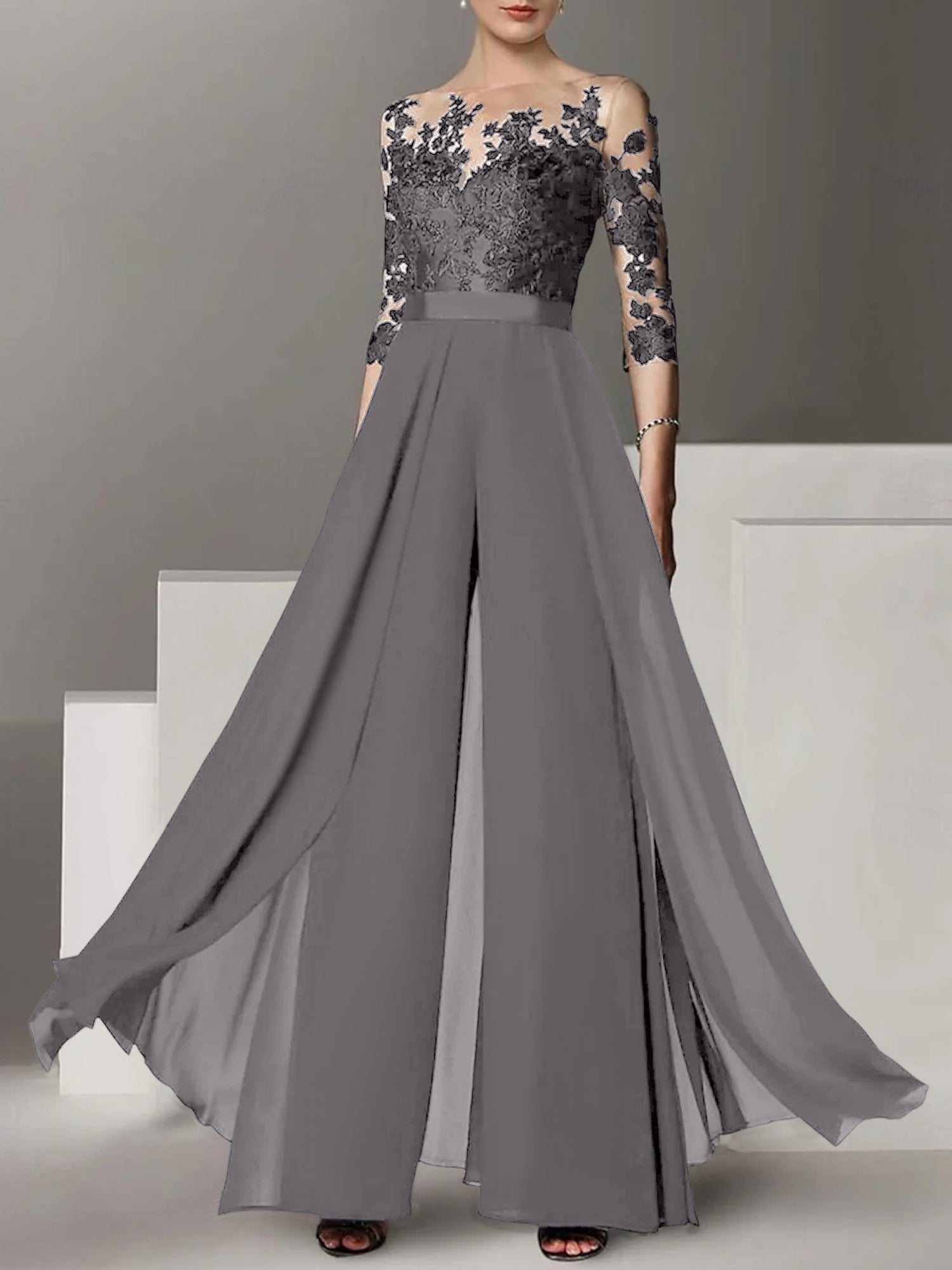A Line Princess Jewel Neck 3 4 Length Sleeves Floor Length Mother Of The Bride Jumpsuits With Applique