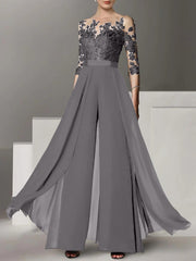A-Line/Princess Jewel Neck 3/4 Length Sleeves Floor-Length Mother of the Bride Jumpsuits with Applique