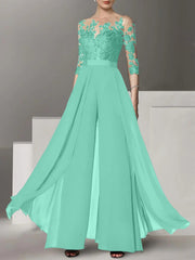 A-Line/Princess Jewel Neck 3/4 Length Sleeves Floor-Length Mother of the Bride Jumpsuits with Applique
