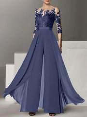A-Line/Princess Jewel Neck 3/4 Length Sleeves Floor-Length Mother of the Bride Jumpsuits with Applique