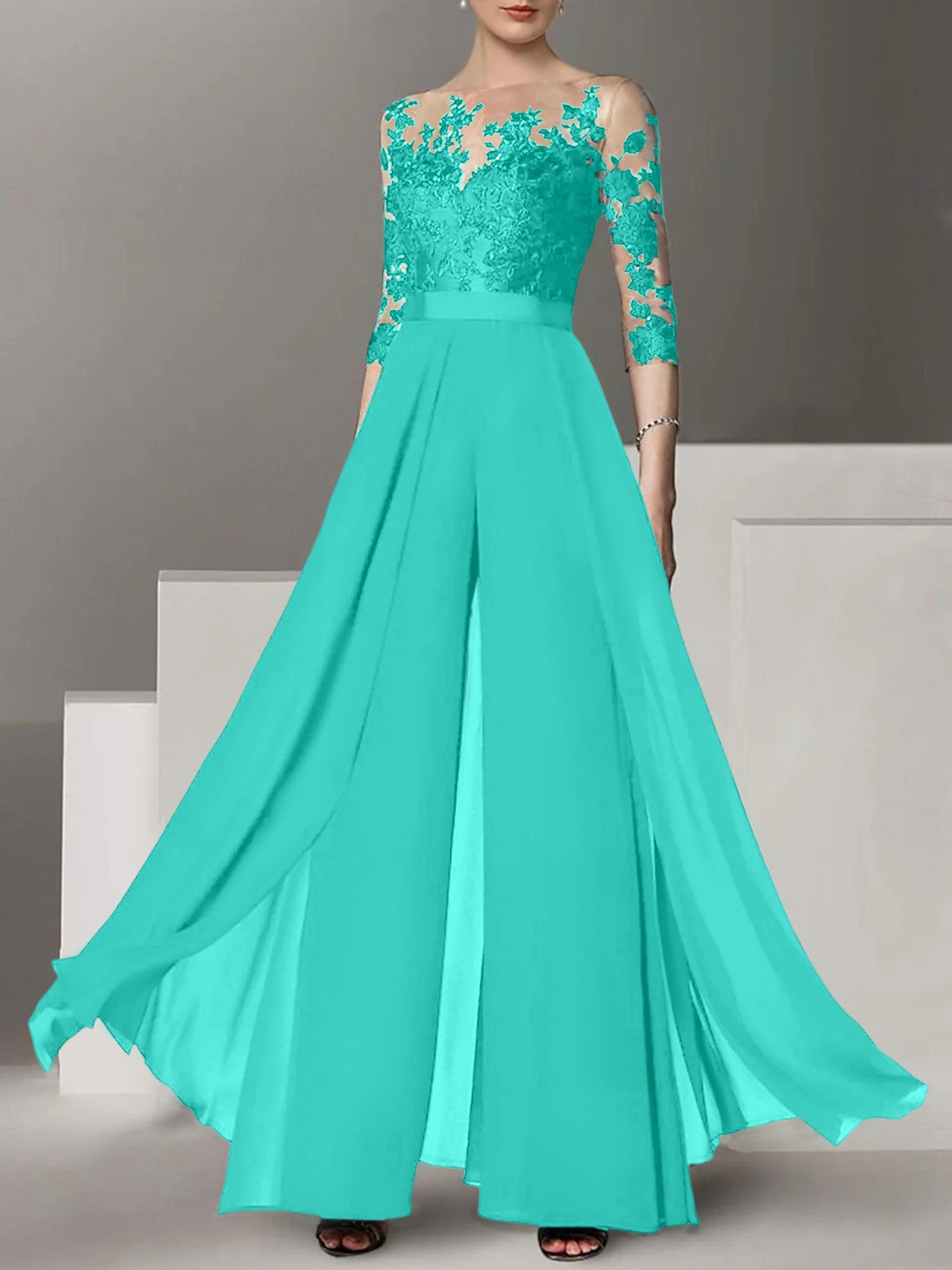 A Line Princess Jewel Neck 3 4 Length Sleeves Floor Length Mother Of The Bride Jumpsuits With Applique