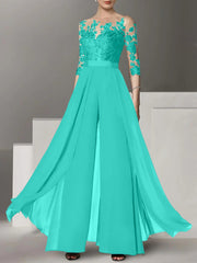A Line Princess Jewel Neck 3 4 Length Sleeves Floor Length Mother Of The Bride Jumpsuits With Applique
