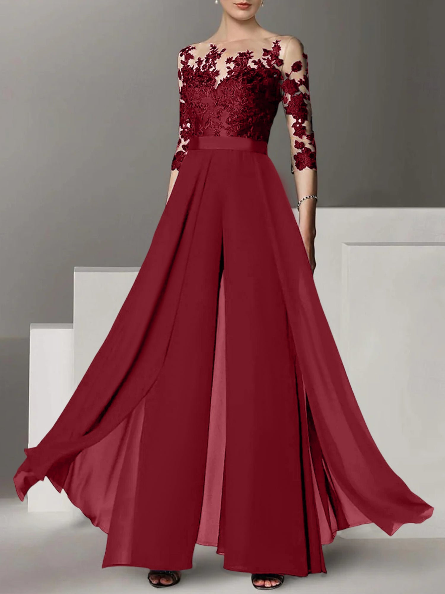 A Line Princess Jewel Neck 3 4 Length Sleeves Floor Length Mother Of The Bride Jumpsuits With Applique
