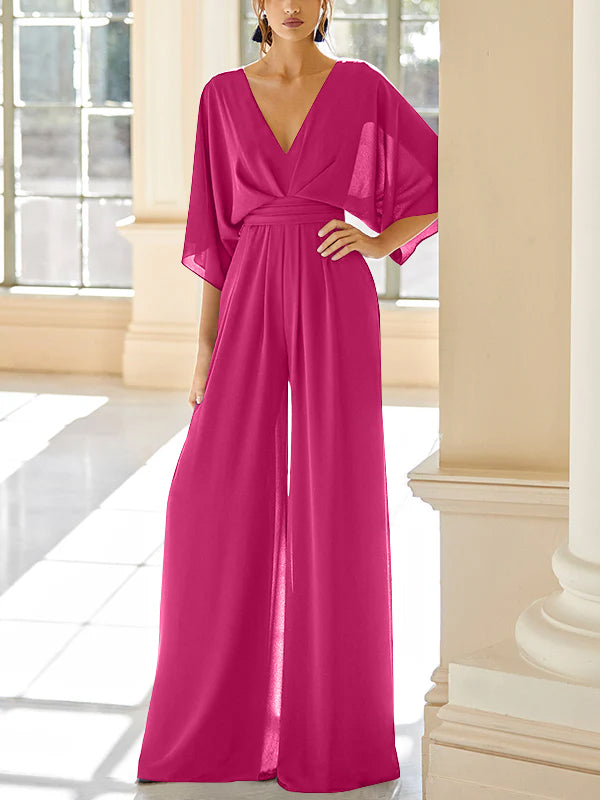 Chiffon V Neck Mother Of The Bride Pantsuits With Pockets