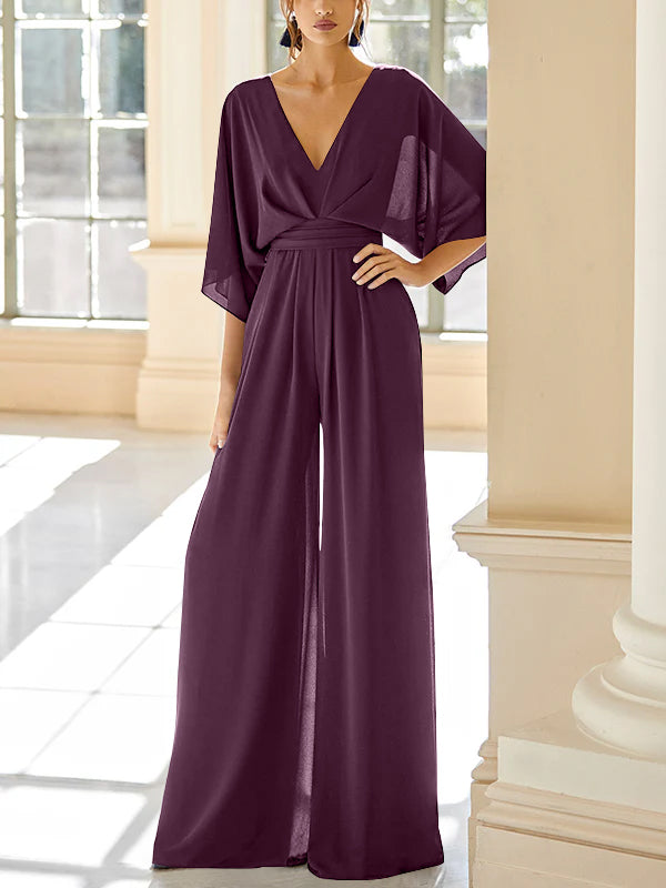 Chiffon V Neck Mother Of The Bride Pantsuits With Pockets