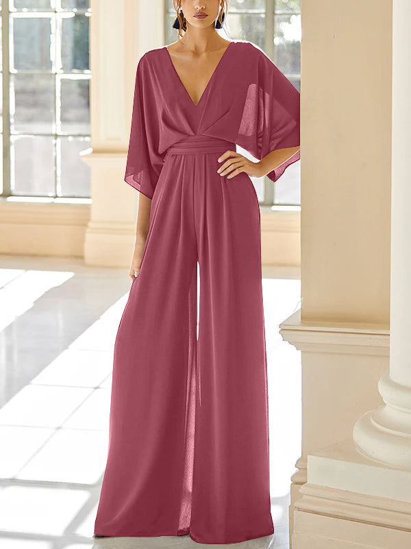 Chiffon V Neck Mother Of The Bride Pantsuits With Pockets