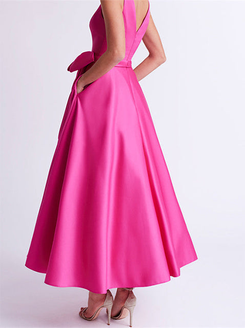 A Line Princess V Neck Sleeveless Ankle Length Mother Of The Bride Dresses With Pockets Ruffles