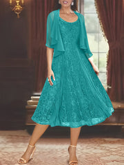A-Line/Princess Scoop Half Sleeves Tea-Length Mother of the Bride Dresses with Appliques & Wrap