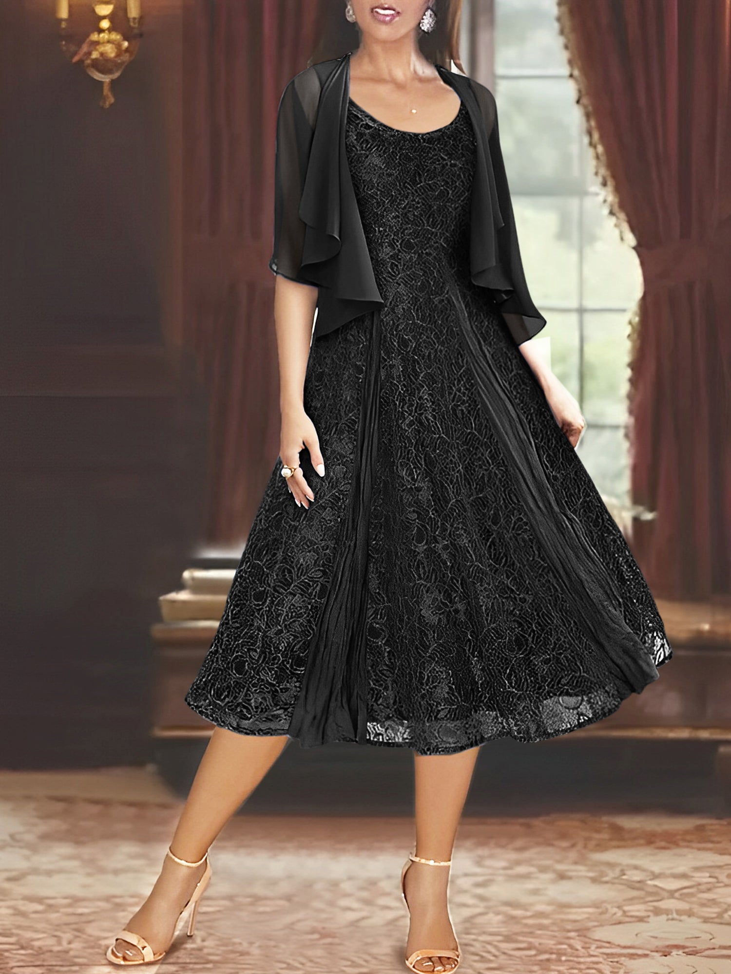 A Line Princess Scoop Half Sleeves Tea Length Mother Of The Bride Dresses With Appliques Wrap