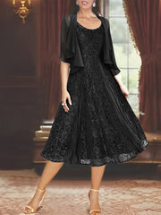 A Line Princess Scoop Half Sleeves Tea Length Mother Of The Bride Dresses With Appliques Wrap