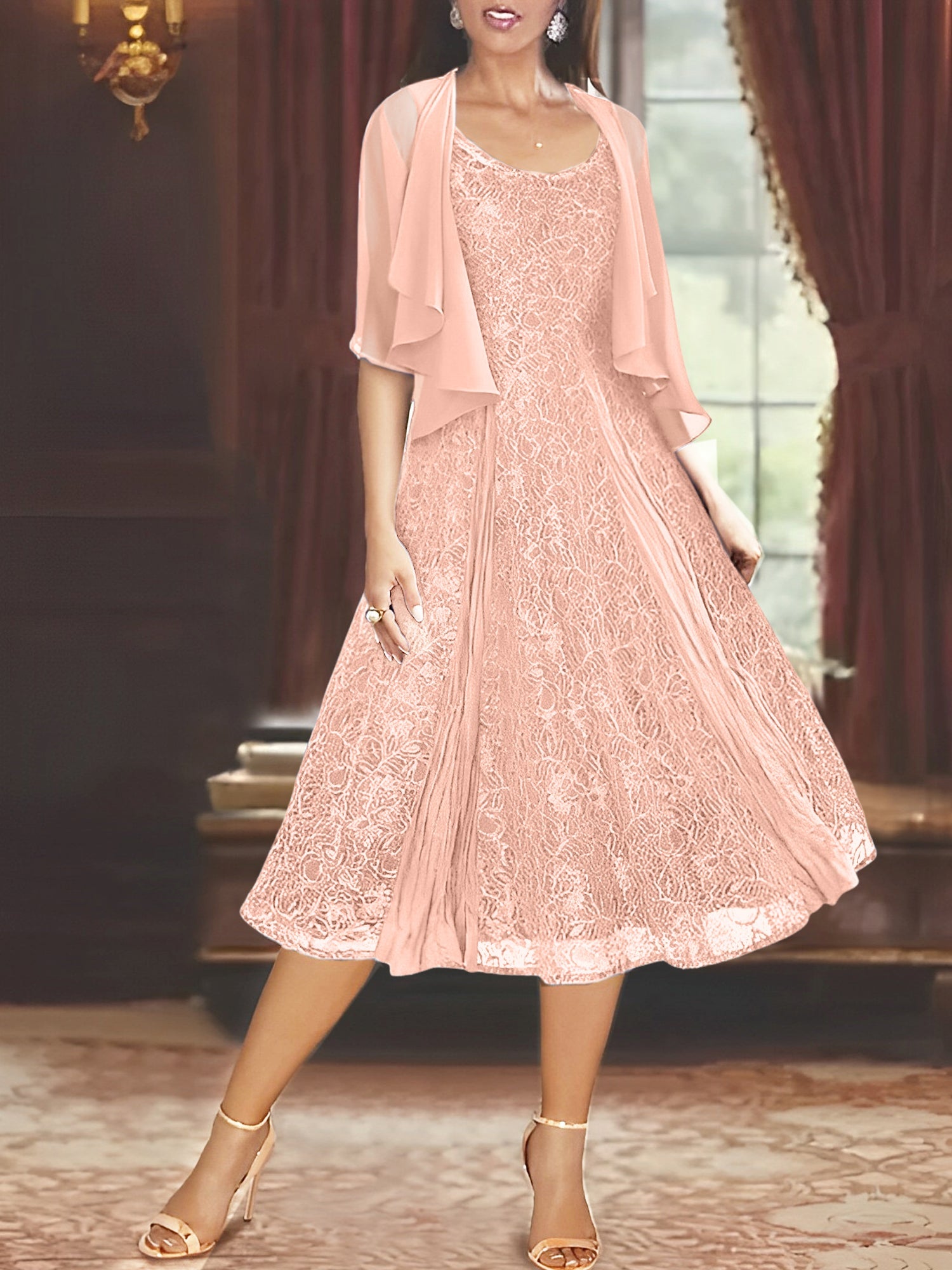 A Line Princess Scoop Half Sleeves Tea Length Mother Of The Bride Dresses With Appliques Wrap