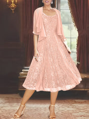 A Line Princess Scoop Half Sleeves Tea Length Mother Of The Bride Dresses With Appliques Wrap