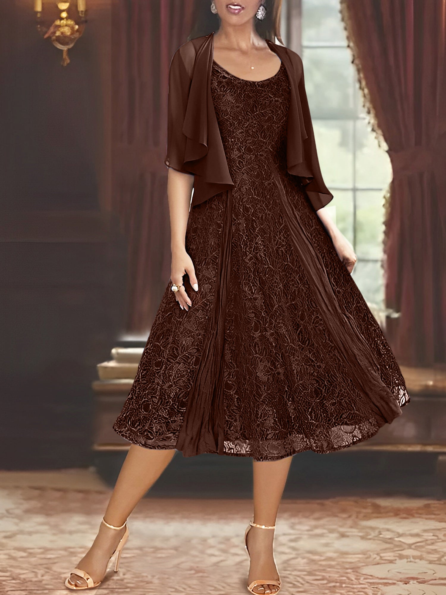 A Line Princess Scoop Half Sleeves Tea Length Mother Of The Bride Dresses With Appliques Wrap