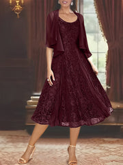 A Line Princess Scoop Half Sleeves Tea Length Mother Of The Bride Dresses With Appliques Wrap