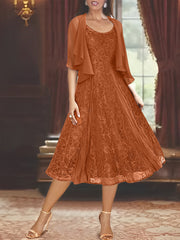 A Line Princess Scoop Half Sleeves Tea Length Mother Of The Bride Dresses With Appliques Wrap