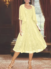 A Line Princess Scoop Half Sleeves Tea Length Mother Of The Bride Dresses With Appliques Wrap