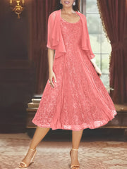 A Line Princess Scoop Half Sleeves Tea Length Mother Of The Bride Dresses With Appliques Wrap