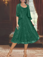 A-Line/Princess Scoop Half Sleeves Tea-Length Mother of the Bride Dresses with Appliques & Wrap
