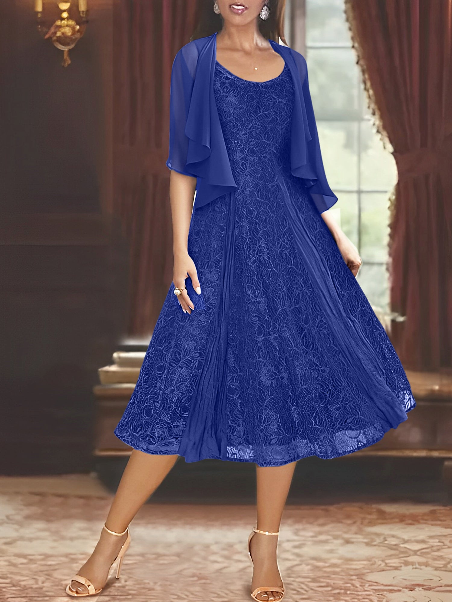 A Line Princess Scoop Half Sleeves Tea Length Mother Of The Bride Dresses With Appliques Wrap