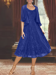 A-Line/Princess Scoop Half Sleeves Tea-Length Mother of the Bride Dresses with Appliques & Wrap