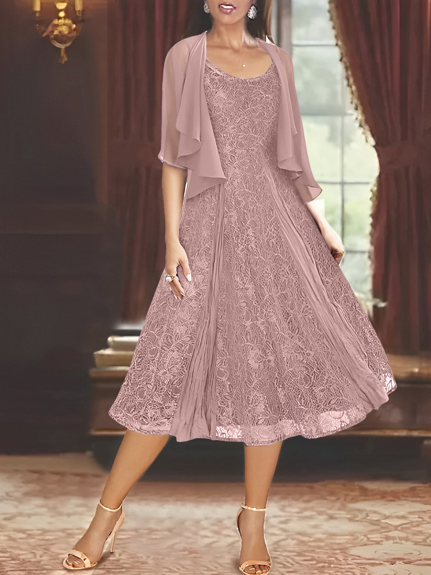 A Line Princess Scoop Half Sleeves Tea Length Mother Of The Bride Dresses With Appliques Wrap