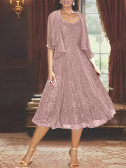 A Line Princess Scoop Half Sleeves Tea Length Mother Of The Bride Dresses With Appliques Wrap