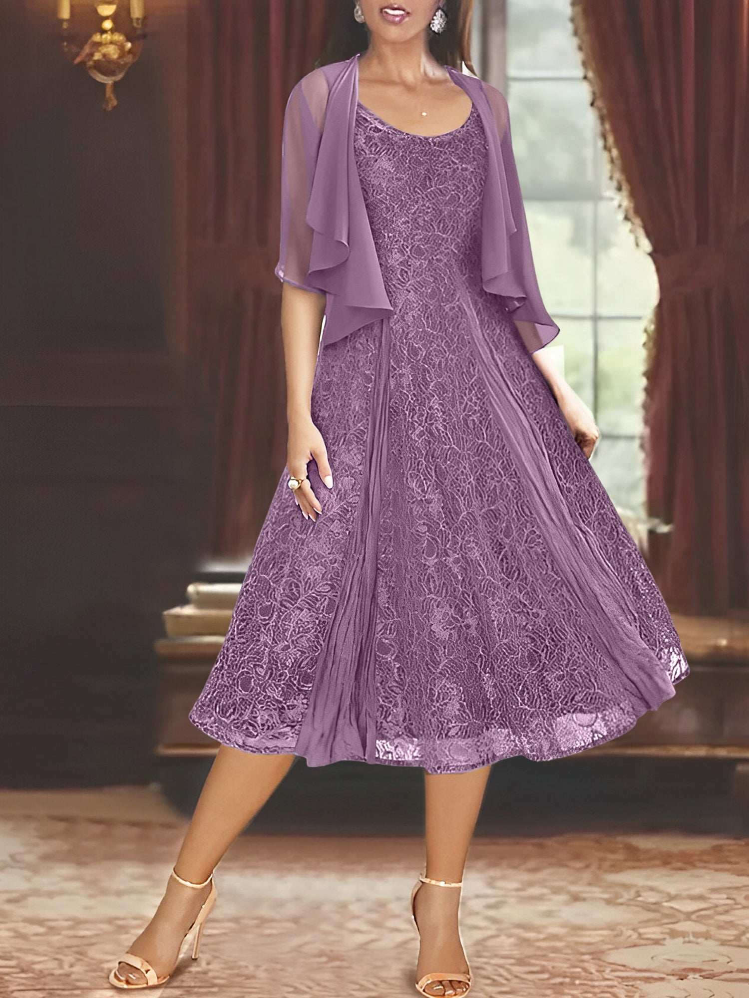 A Line Princess Scoop Half Sleeves Tea Length Mother Of The Bride Dresses With Appliques Wrap