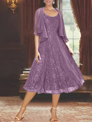 A Line Princess Scoop Half Sleeves Tea Length Mother Of The Bride Dresses With Appliques Wrap