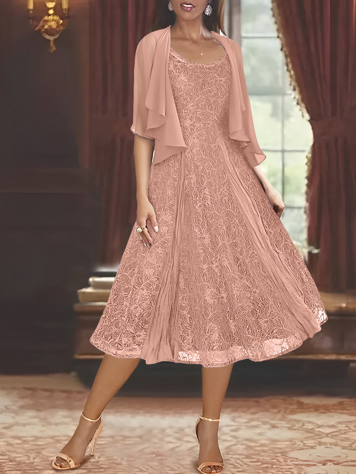 A Line Princess Scoop Half Sleeves Tea Length Mother Of The Bride Dresses With Appliques Wrap